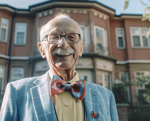 A smiling elderly person in front of a retirement home